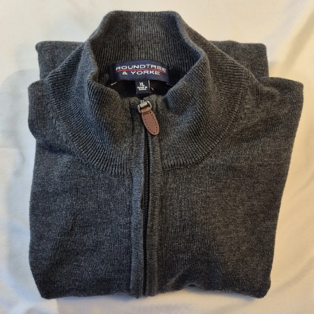 Roundtree & Yorke Gray Zip Up Long Dleeve Mens Sweater with Standing Collar - Picture 11 of 12